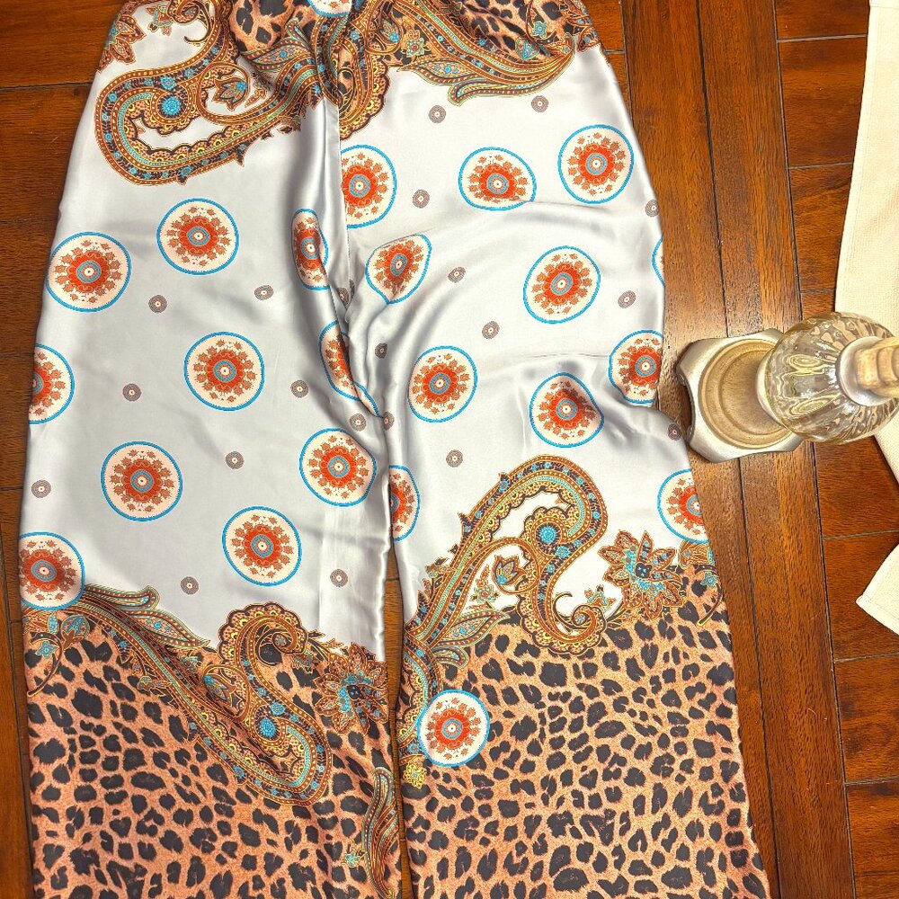 Island Getaway Blue Multi Scarf Print Satin Wide-Leg Pants